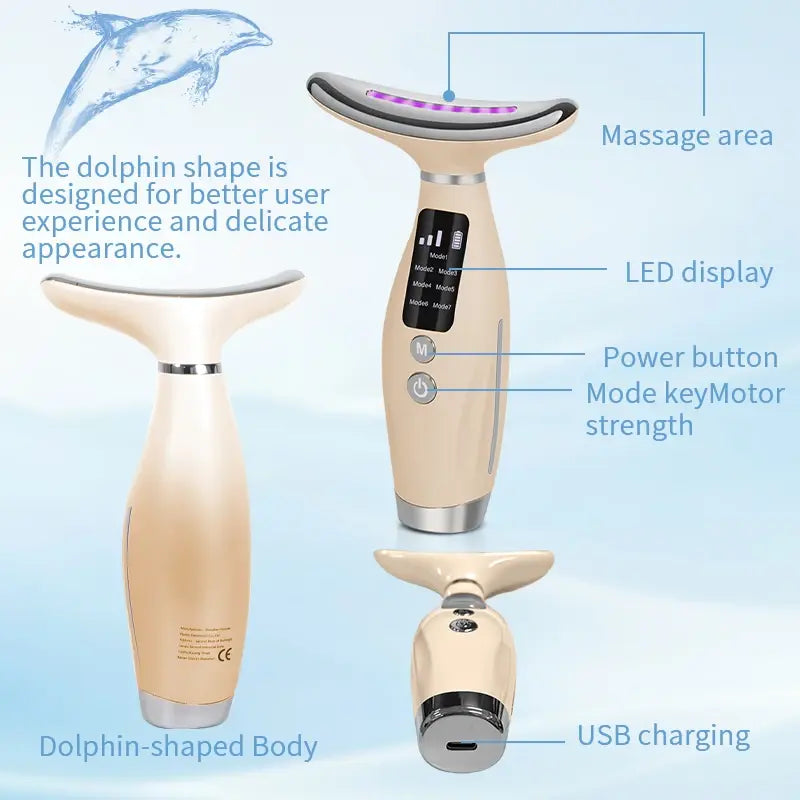 Beige neck and face lifting device with dolphin-shaped body, LED display, massage area, USB charging, and control buttons highlighted
