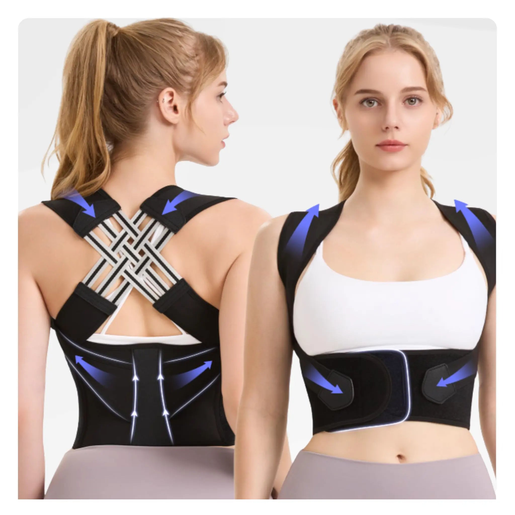 Black posture corrector for women – front and back view with adjustable support straps.
