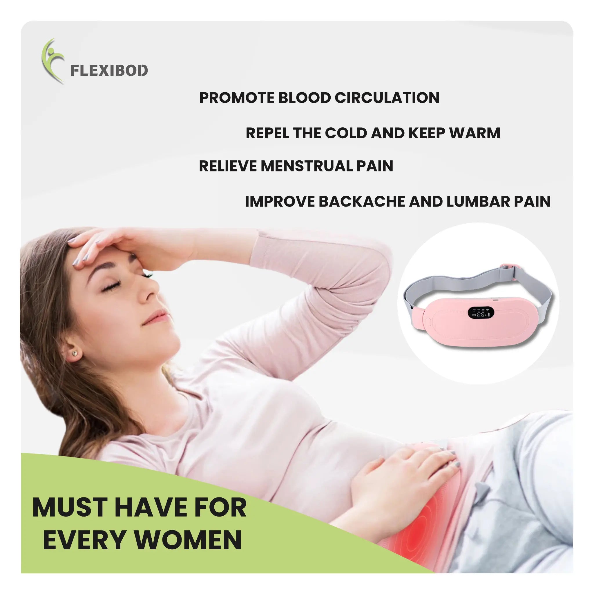 Woman using menstrual heating belt – relieves cramps, back pain, improves blood circulation