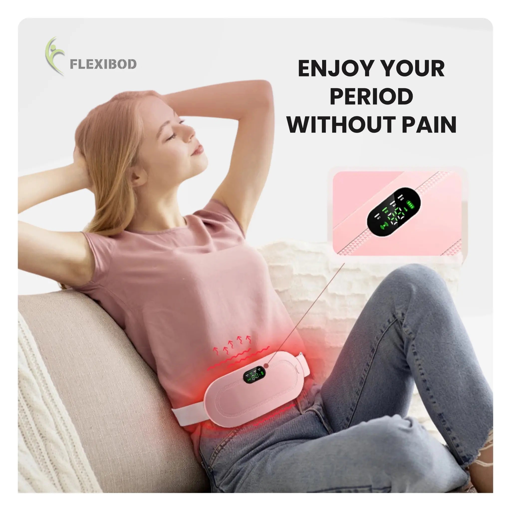 Woman relaxing with menstrual heating belt – enjoy your period without cramps or discomfort