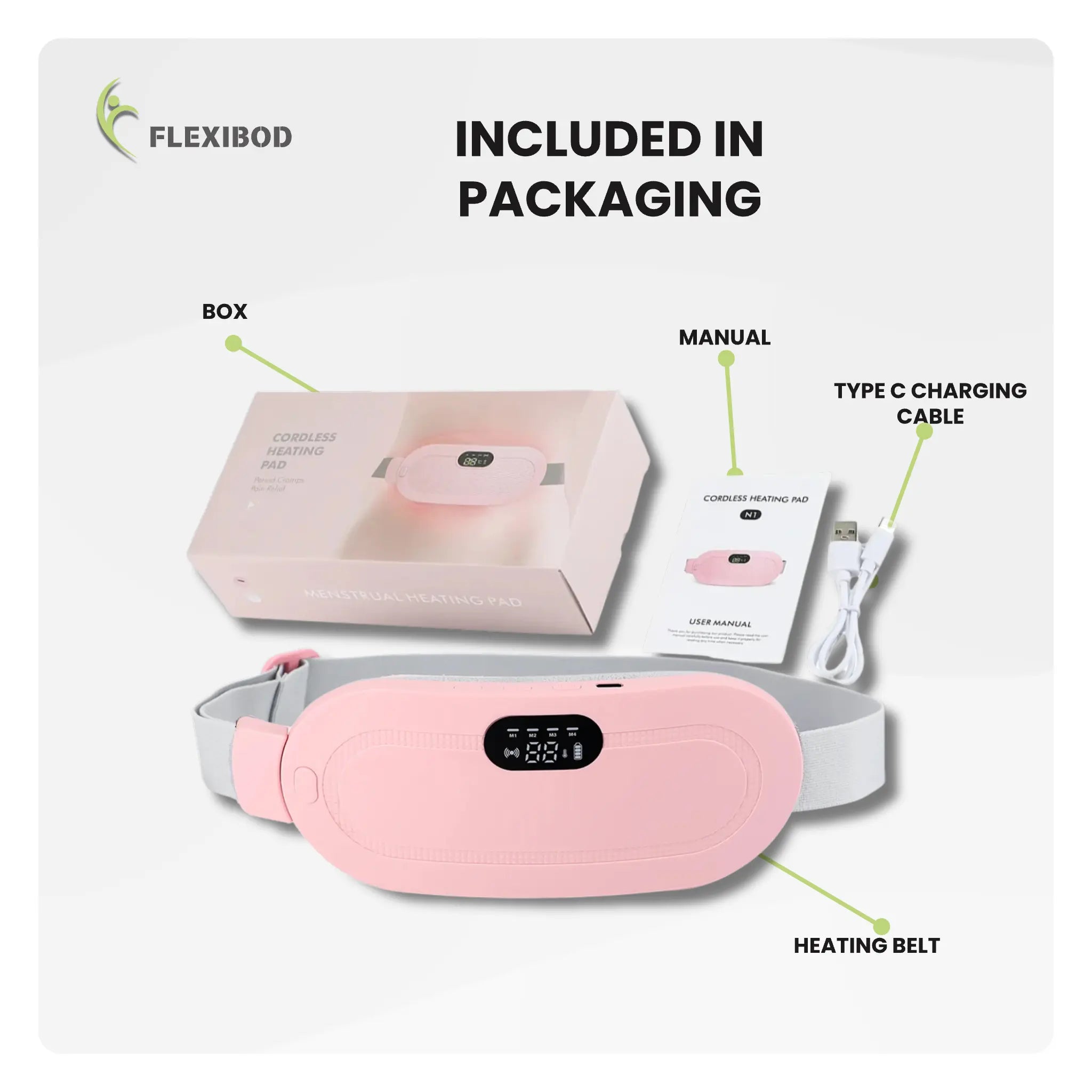 What’s included: menstrual heating belt, USB Type-C cable, manual, and box