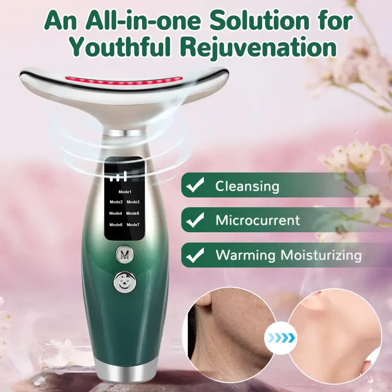 All-in-one neck and face rejuvenation device with red LED light, cleansing, microcurrent, and warming moisturizing functions for anti-aging and skin tightening