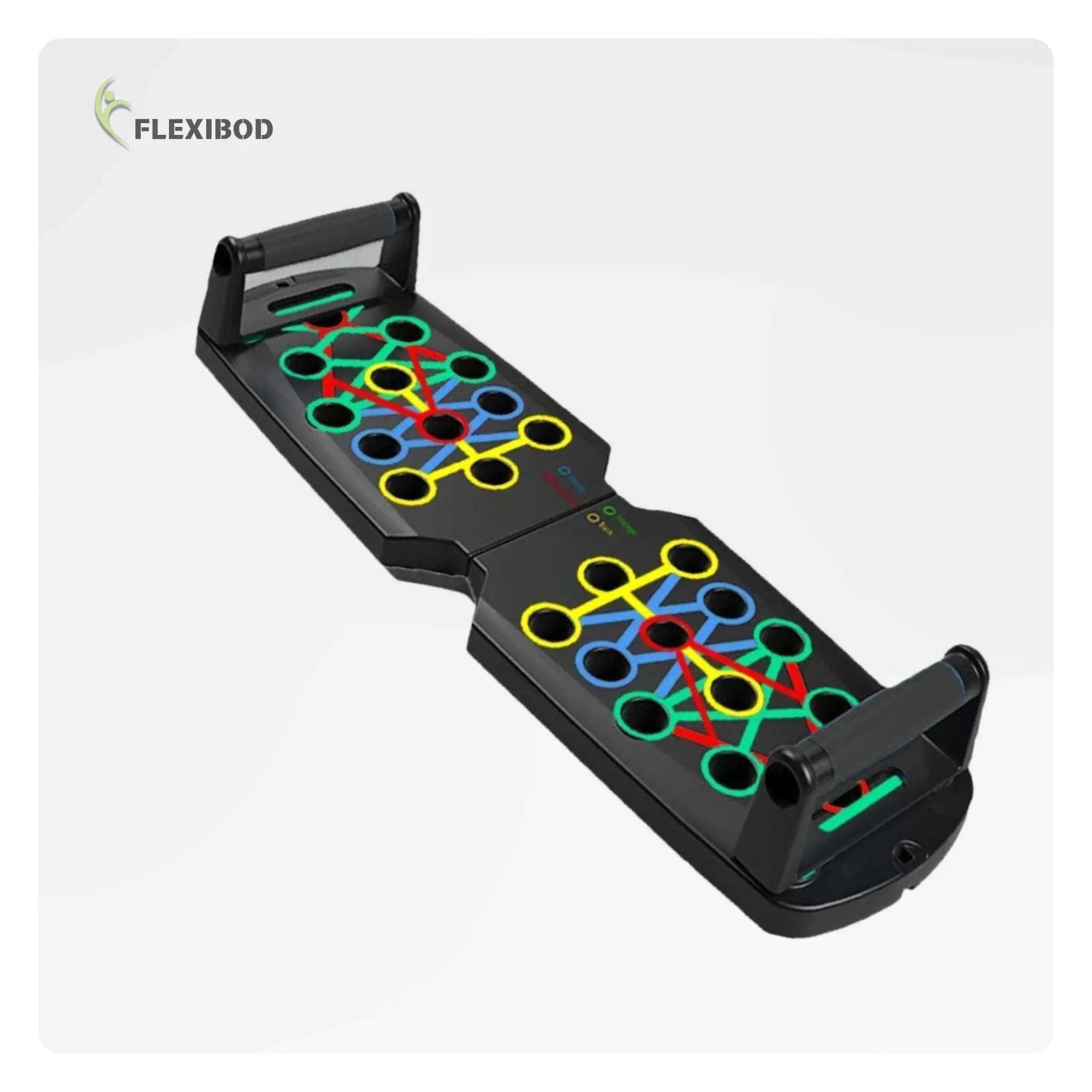 multifunctional push-up board with color-coded slots for chest, back, shoulders, and triceps workouts.