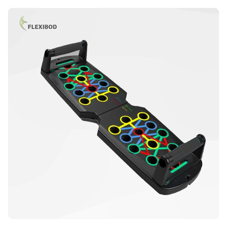 multifunctional push-up board with color-coded slots for chest, back, shoulders, and triceps workouts.