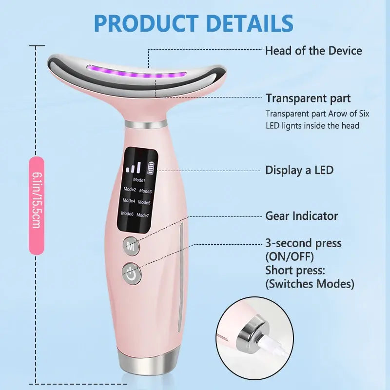 Close-up of Flexibod pink neck and face lifting device showing product dimensions, LED display, gear indicator, and control buttons with 6 LED lights