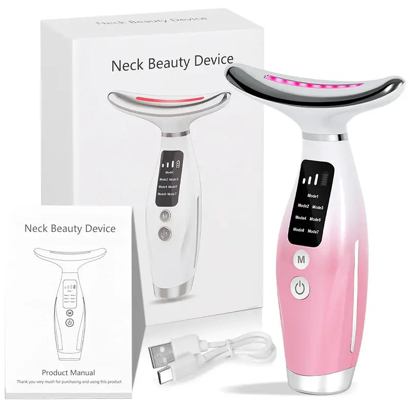 Pink neck lifting device with product packaging, USB charging cable, and instruction manual included in the set