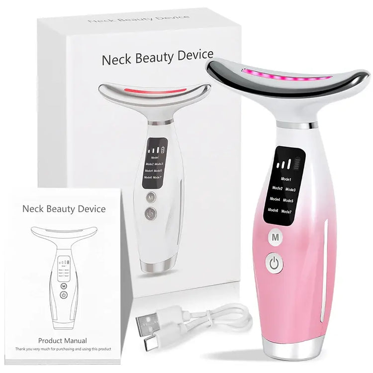 Pink neck lifting device with product packaging, USB charging cable, and instruction manual included in the set