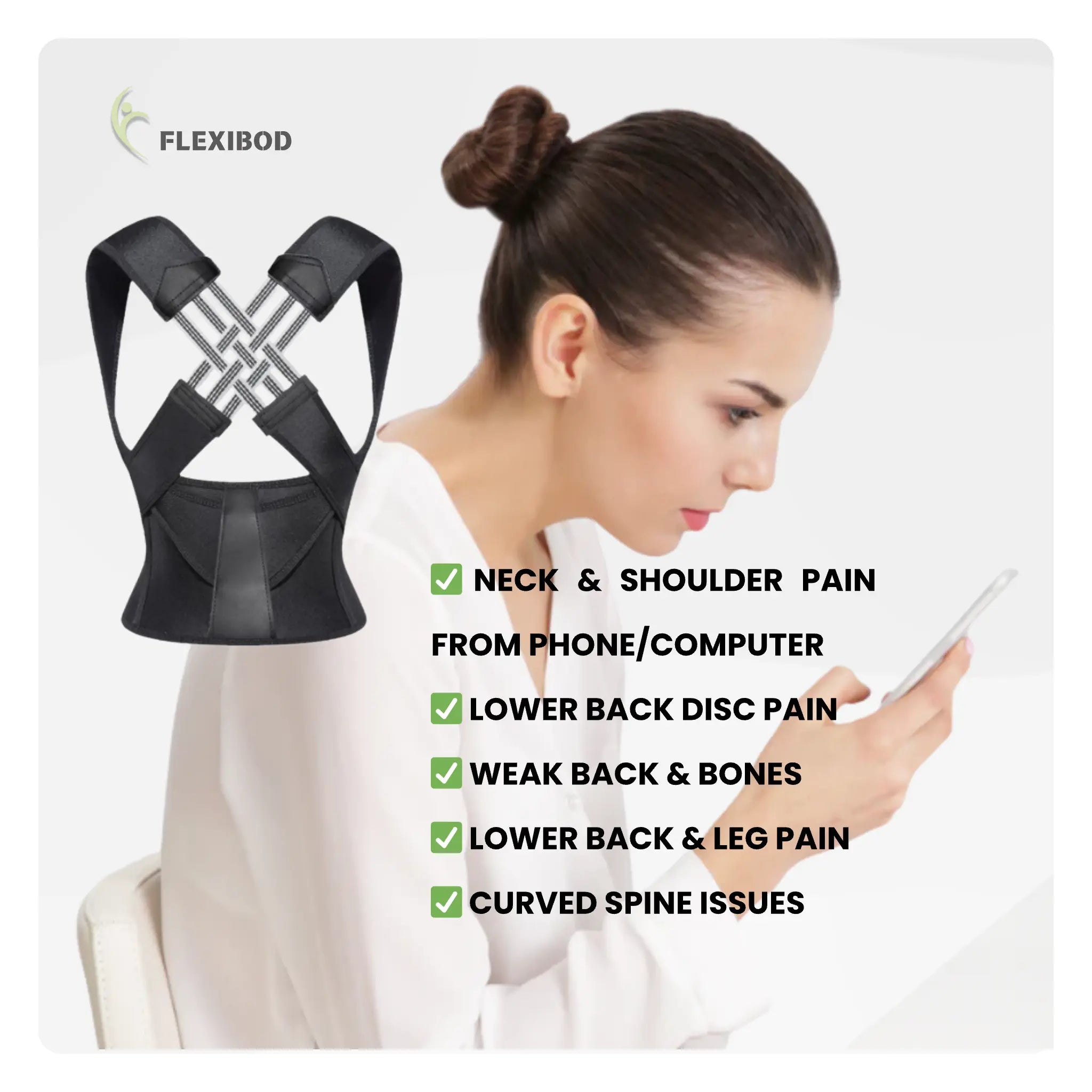 adjustable posture corrector for back pain relief, hunchback, helps with text neck, sciatica, scoliosis, osteoporosis, herniated disc.