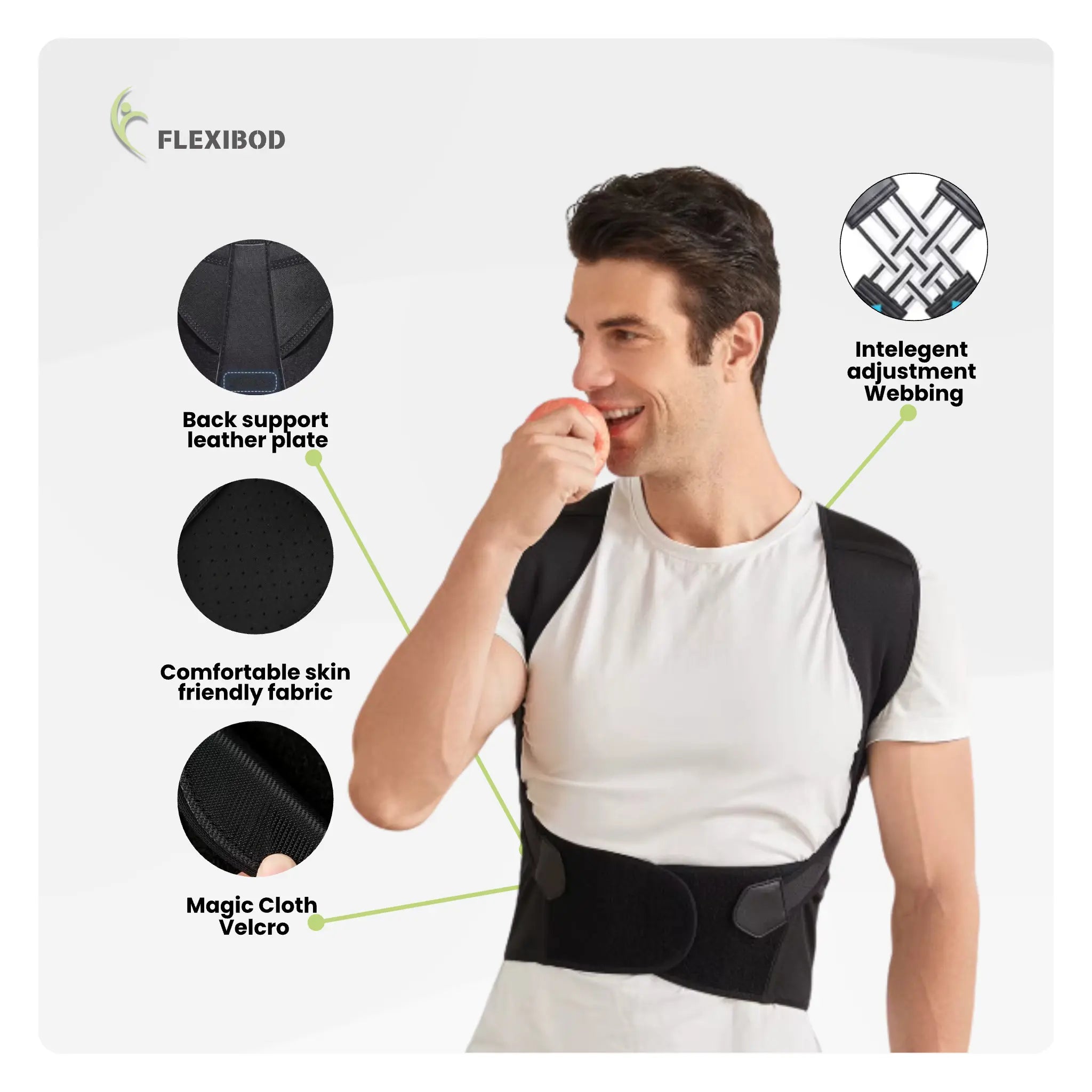 Flexibod posture corrector for men – features leather plate, skin-friendly fabric, velcro straps