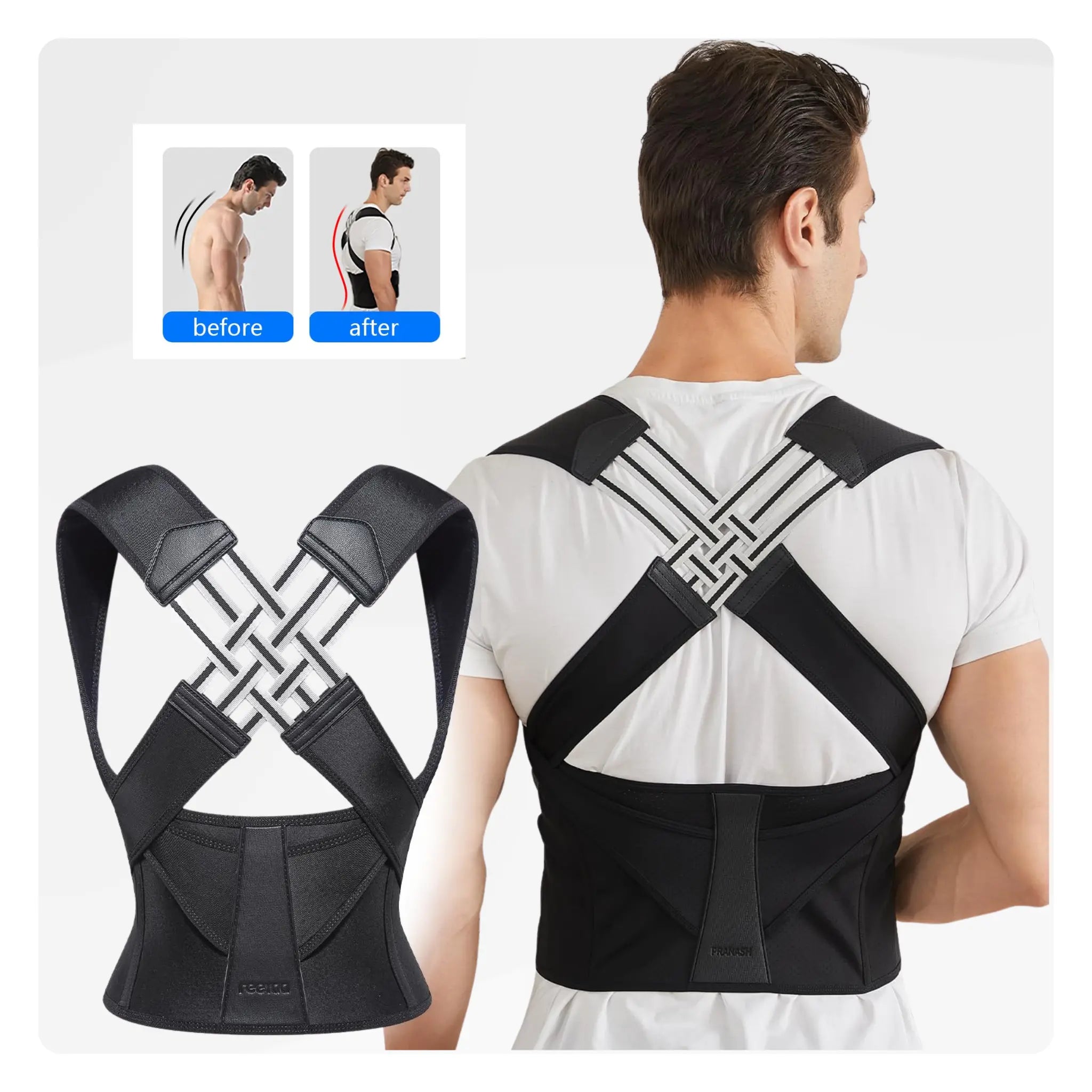 Before and after using Flexibod posture corrector – improved back posture, pain relief, and confidence.