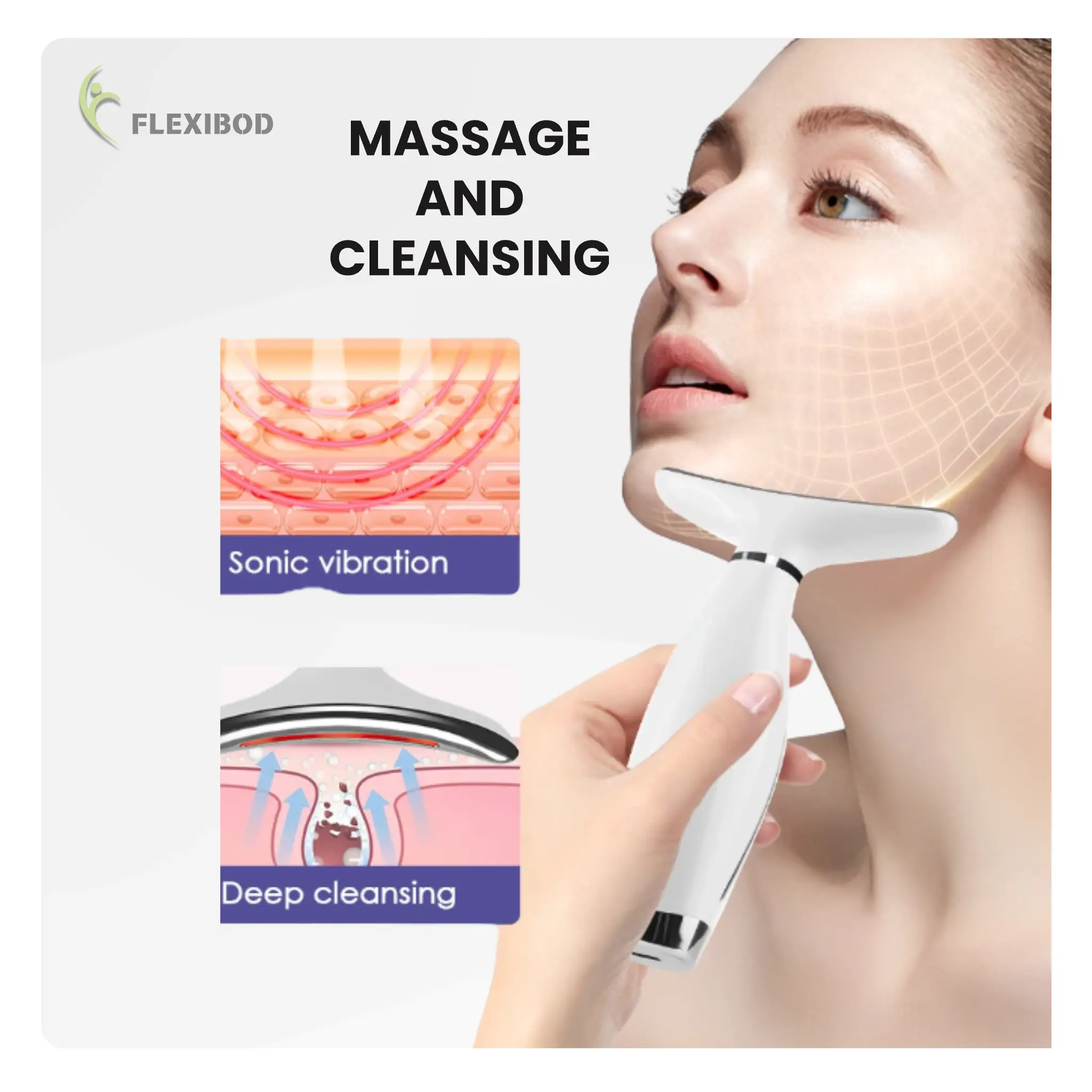 Woman using neck and face massager with sonic vibration and deep cleansing technology for skincare and lifting