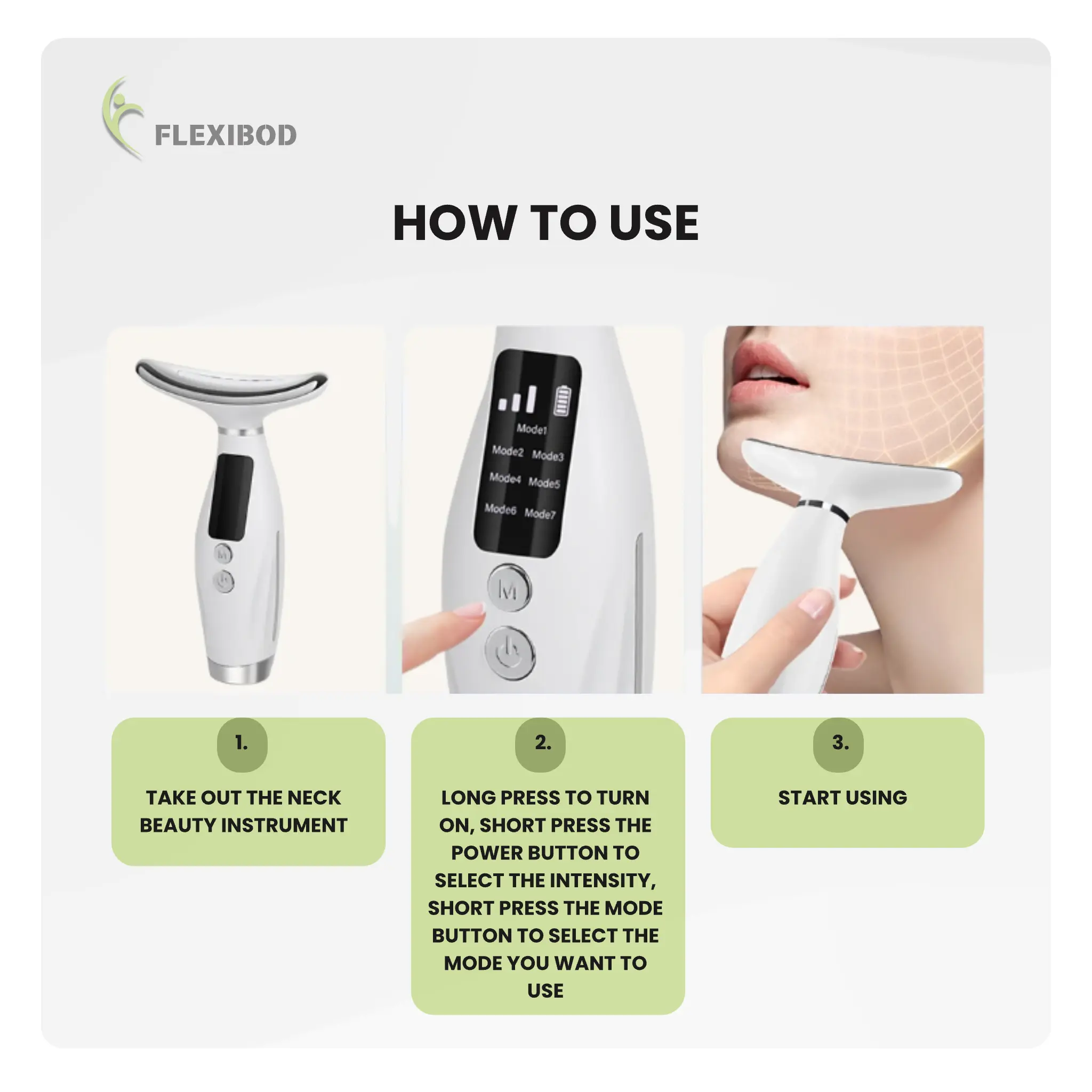 Step-by-step guide showing how to use the neck and face lifting device: take it out, adjust settings, and start massaging the skin