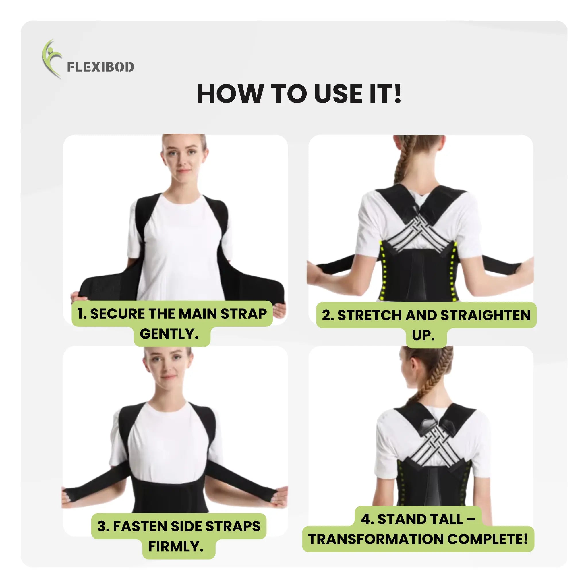 How to use Flexibod posture corrector – step-by-step guide for proper back brace adjustment.