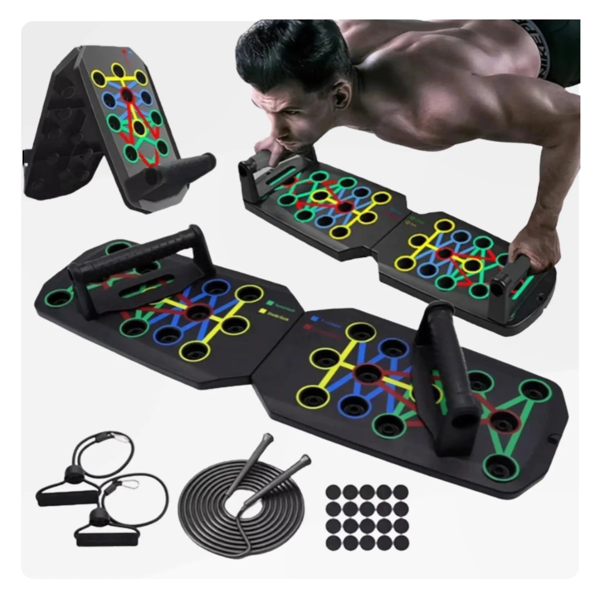 Man using multifunction push-up board with resistance bands, handles, and jump rope for full-body workout