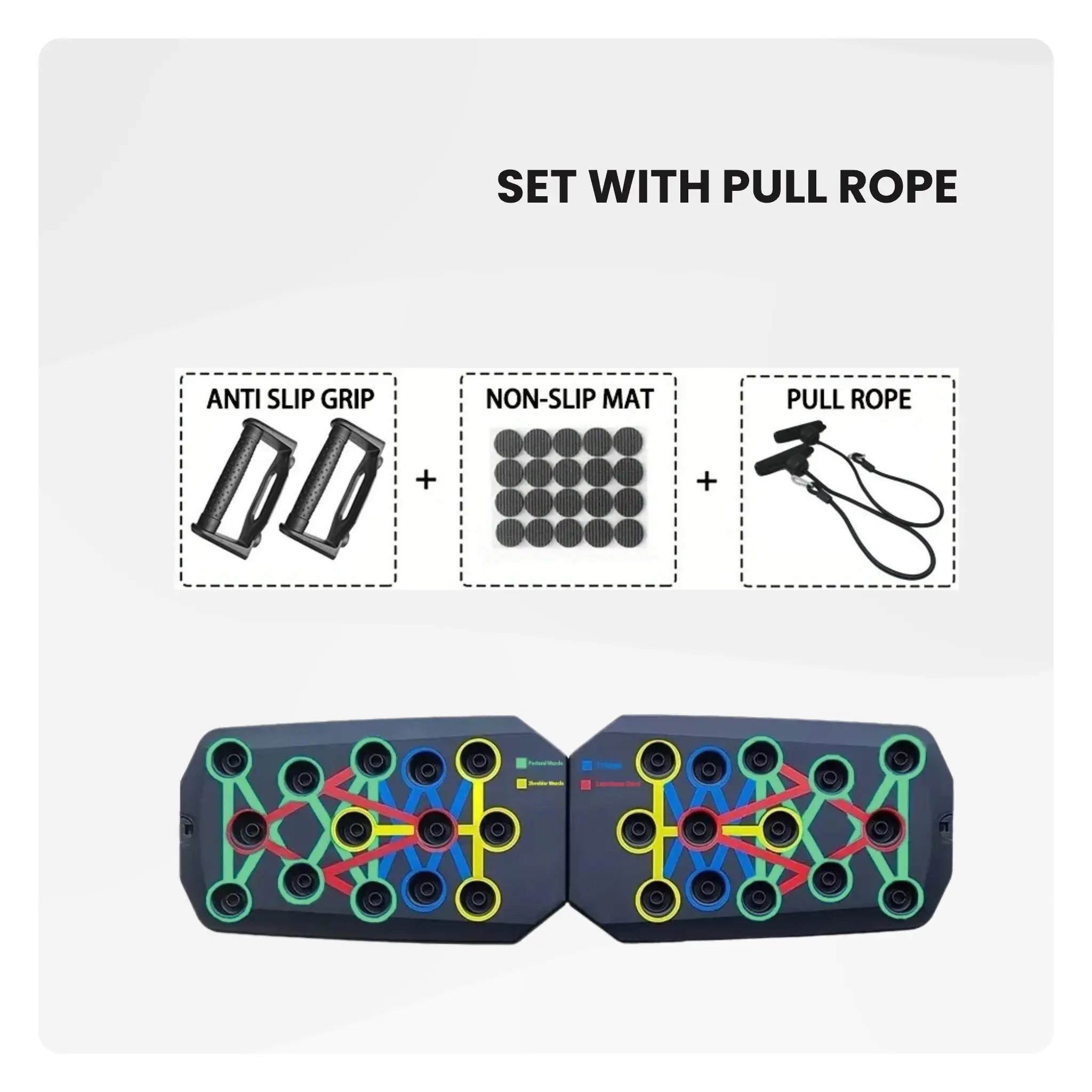 push-up board set with anti-slip grips, non-slip mat pads, and resistance pull rope included