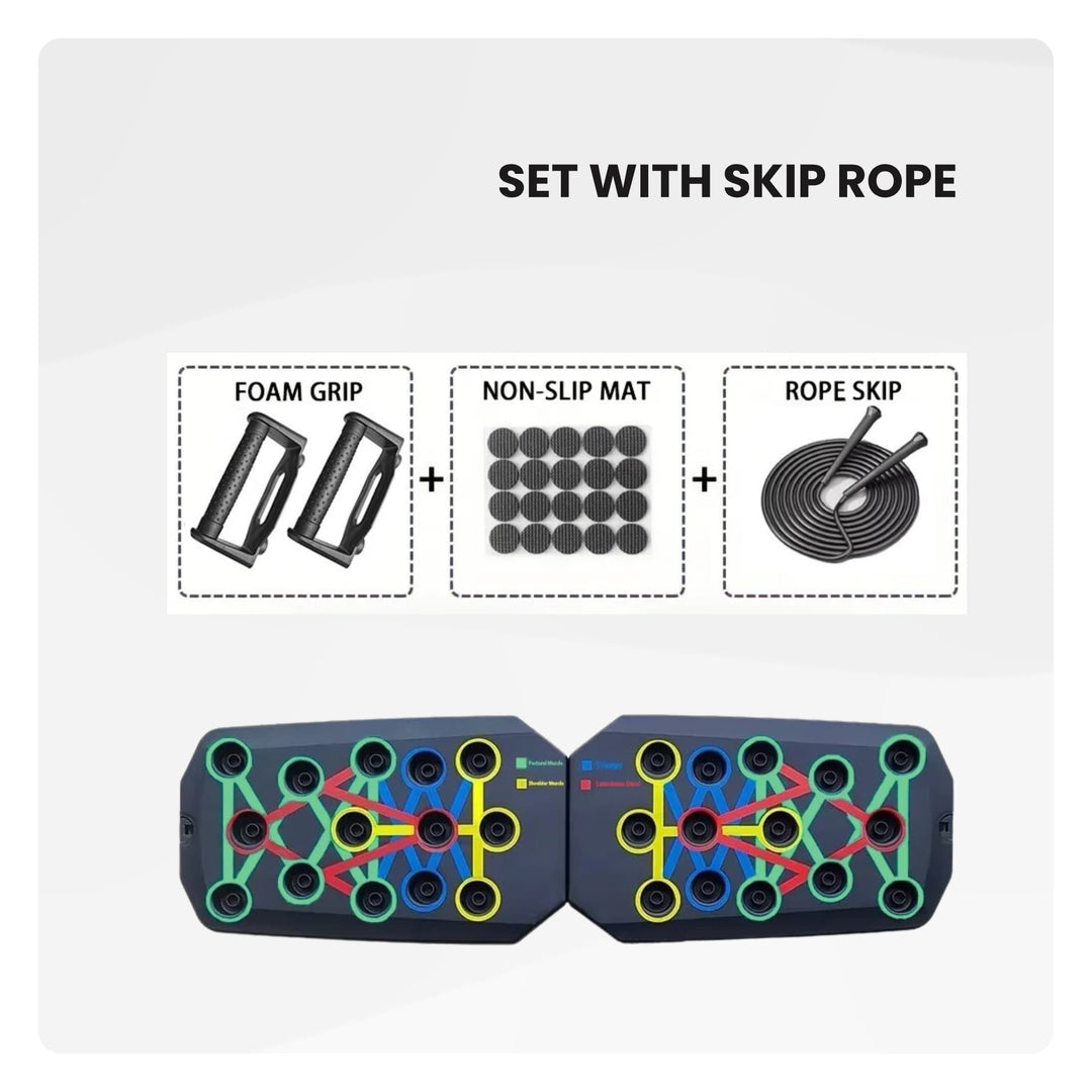  push-up board set including foam grips, non-slip mat pads, and skipping rope for full-body workouts
