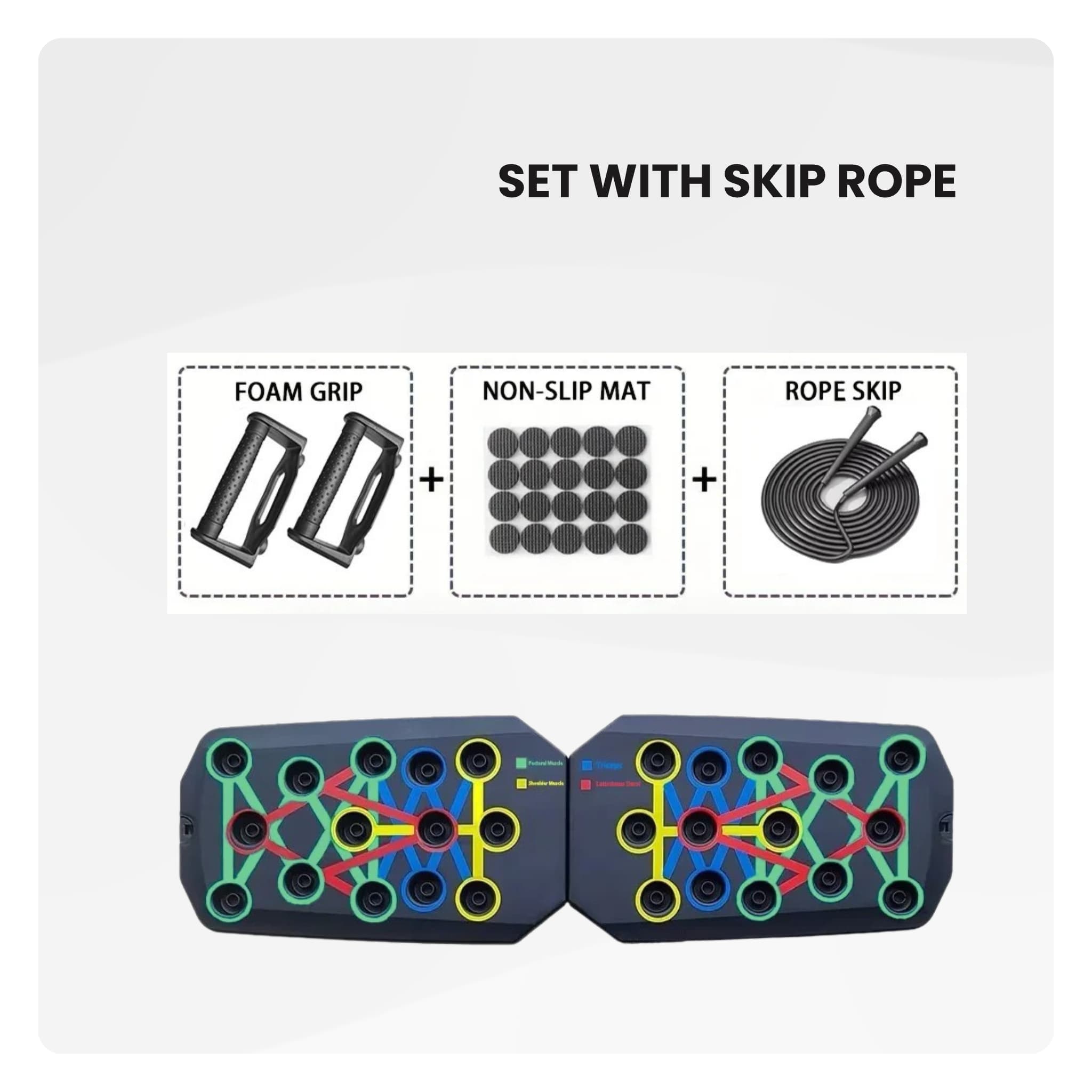  push-up board set including foam grips, non-slip mat pads, and skipping rope for full-body workouts