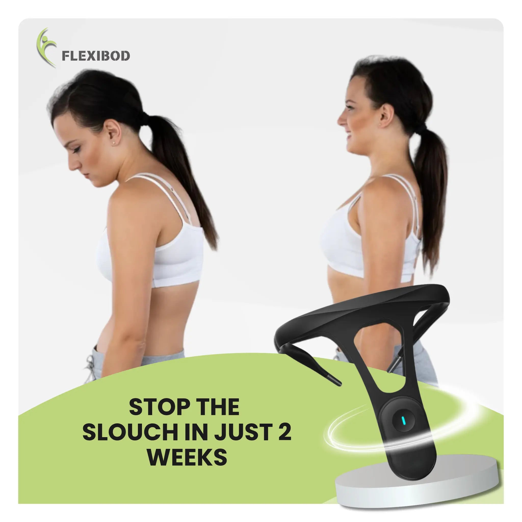 Before and after using smart Flexibod posture corrector – slouched to straight posture in 2 weeks
