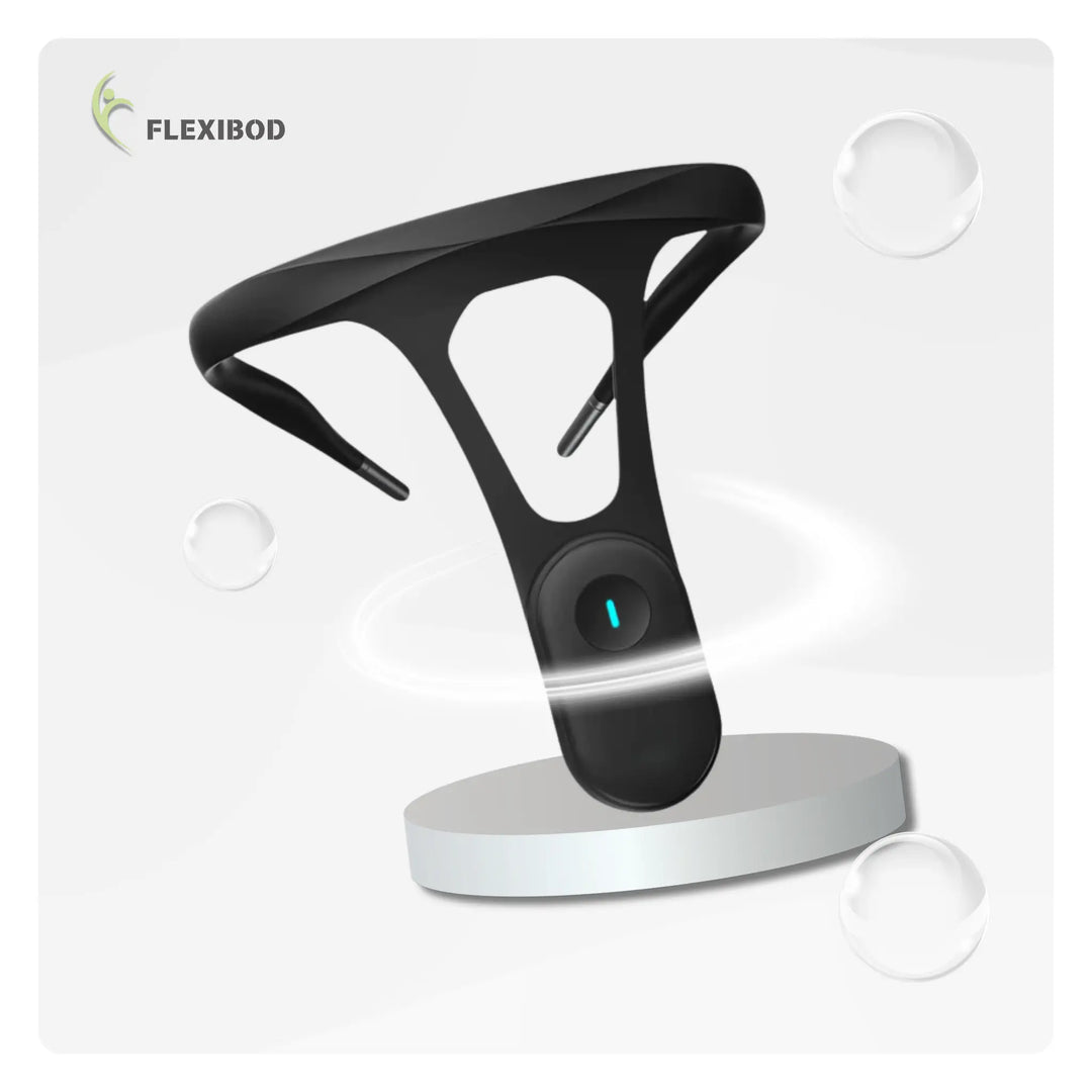smart posture corrector – wearable black device for posture tracking and back support.
