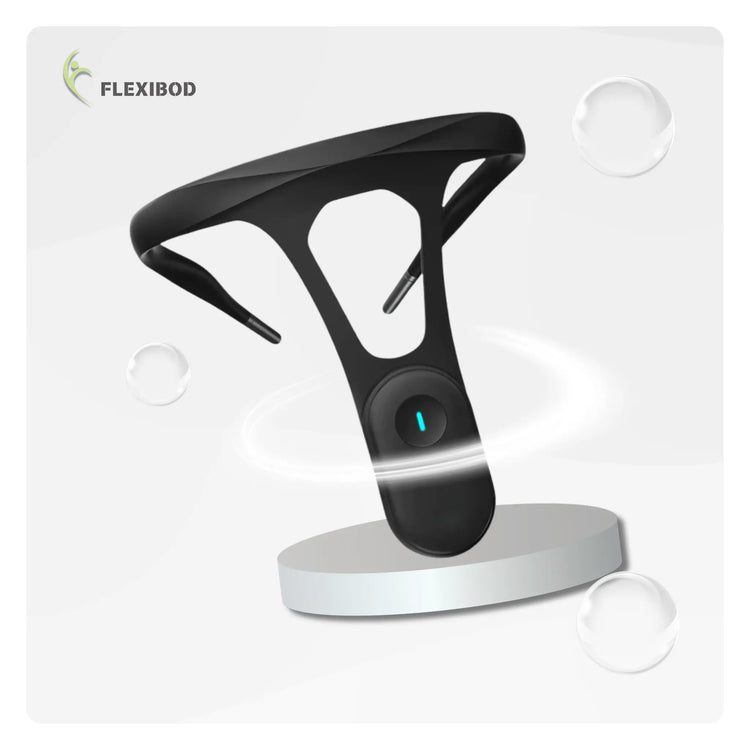 smart posture corrector – wearable black device for posture tracking and back support.