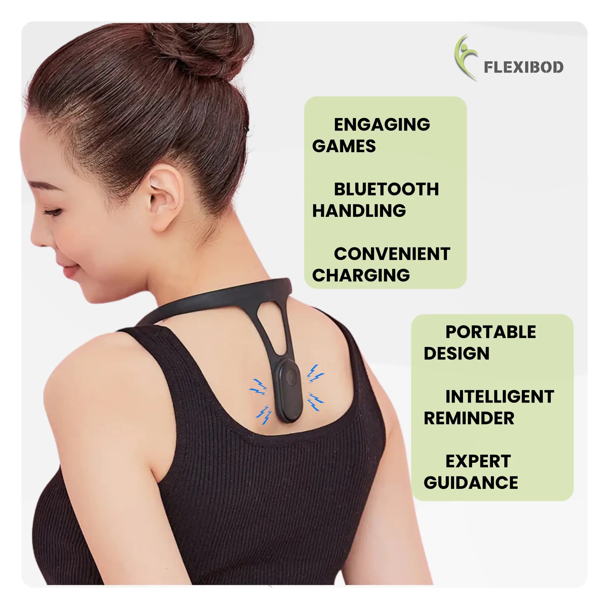 Woman wearing smart Flexibod posture corrector – back view showing Bluetooth, reminders, and portable design.