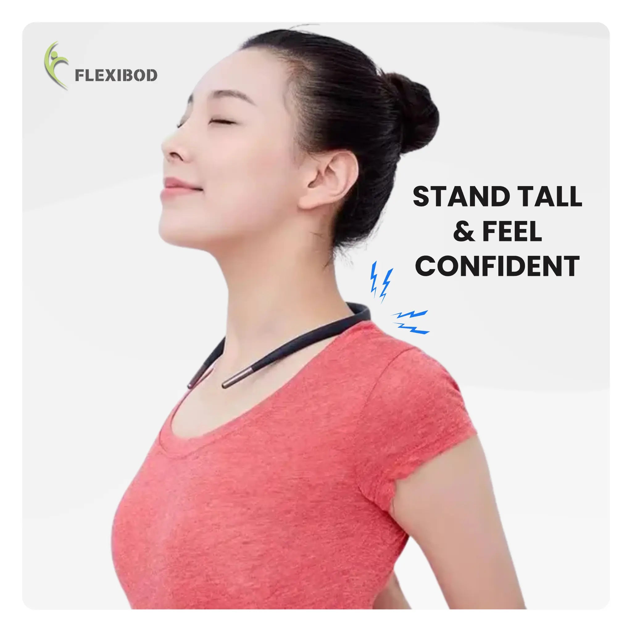 Woman wearing smart posture corrector – improved posture and confident feeling with back support